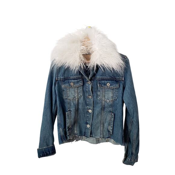 Paige Heidi Faux Fur Collar Cropped Denim Jacket Size Small - Picture 2 of 13